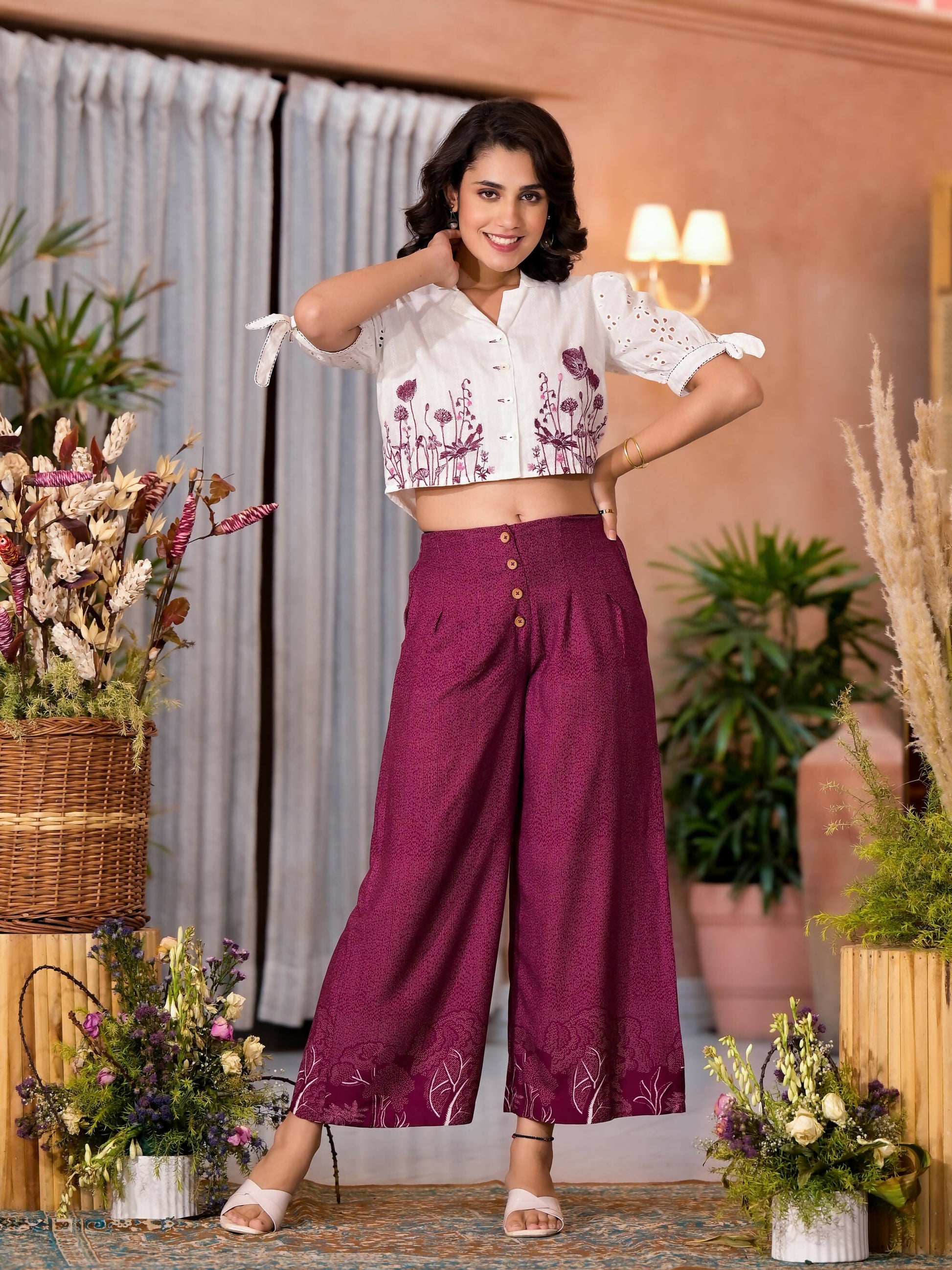 Juniper Women's Wine Thread Embroidered Cotton Shirt Crop Top & Pant Co-Ord Set With Buttons & Tie-ups - Swadesiicart
