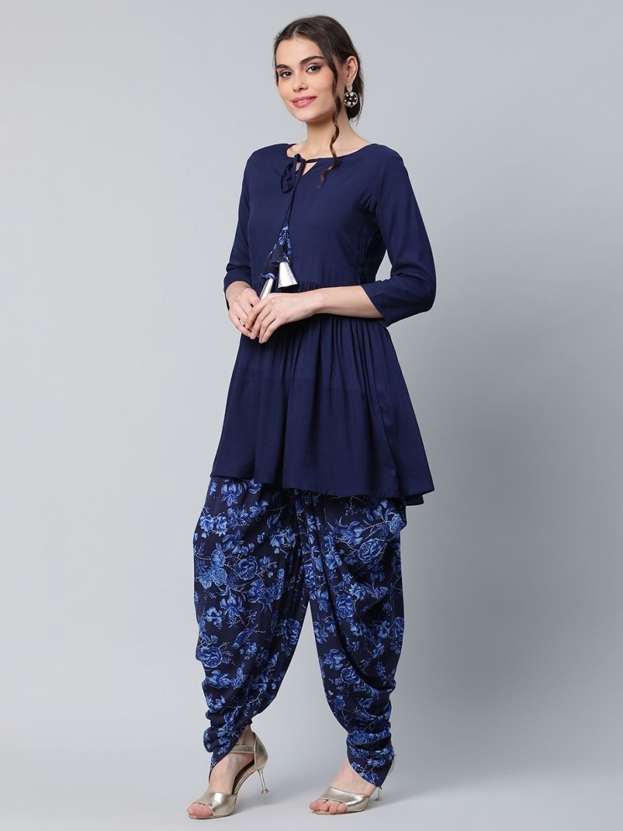 Ahalyaa Women Navy Blue Rayon Floral Empire Kurti with Dhoti Pants | Swadesiicart