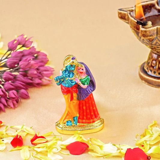 Estele Gold-Polished Devotional Shree Radha Krishna Idol with multi-color Stone Type:Enamel for Home/Car Decor - Swadesiicart