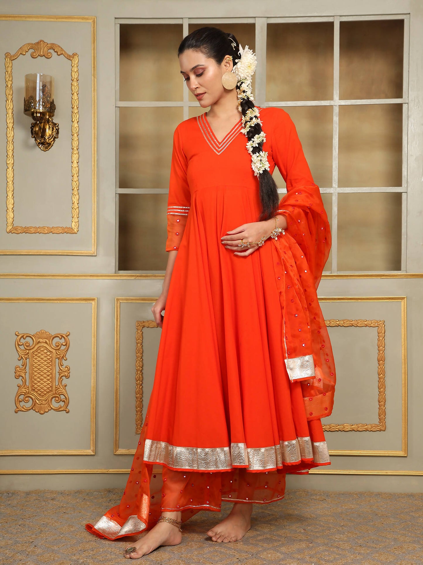 Pomcha Jaipur Orange Saadgi Orange Mirror Work Anarkali Set | Swadesiicart
