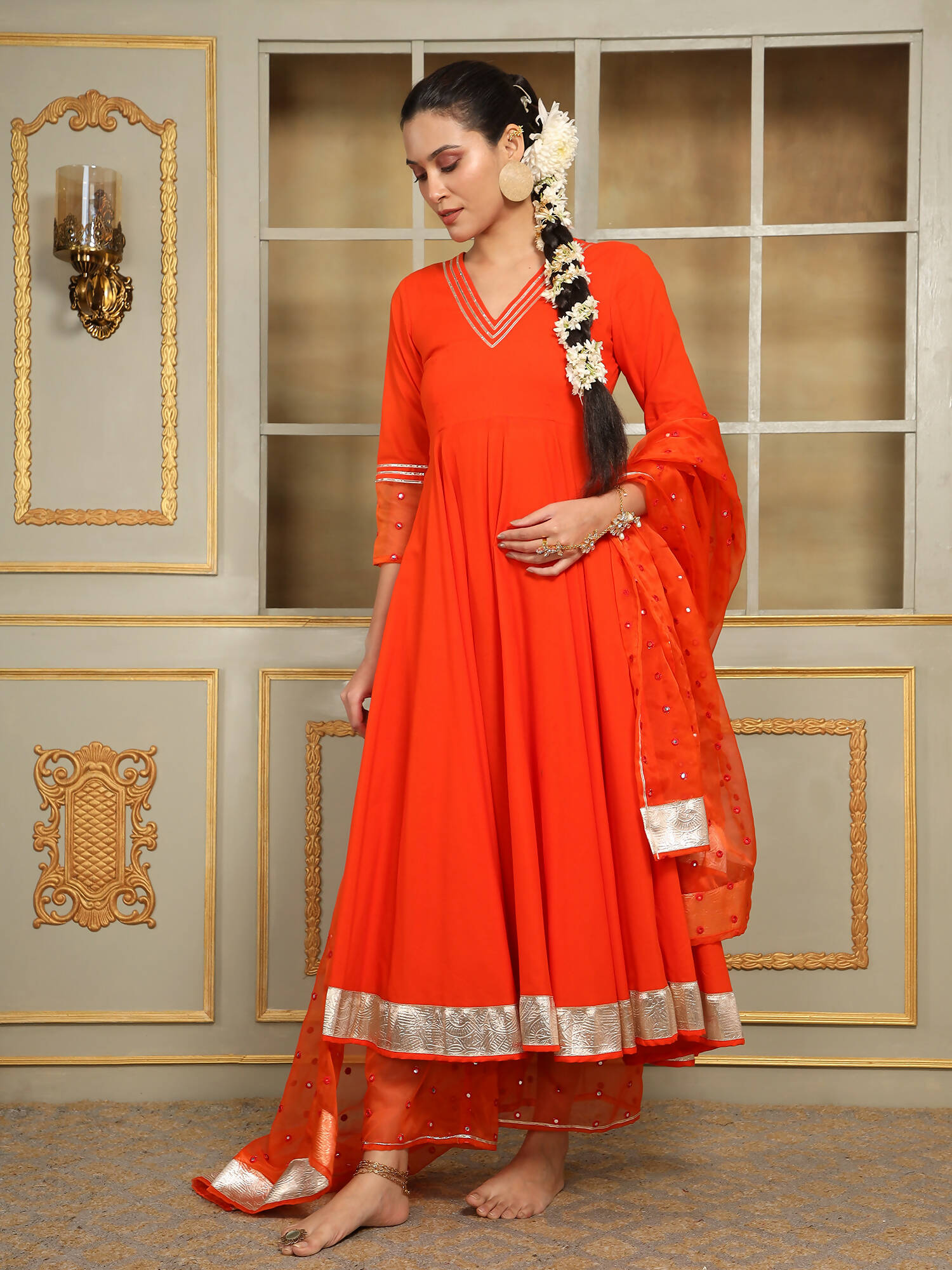 Pomcha Jaipur Orange Saadgi Orange Mirror Work Anarkali Set | Swadesiicart