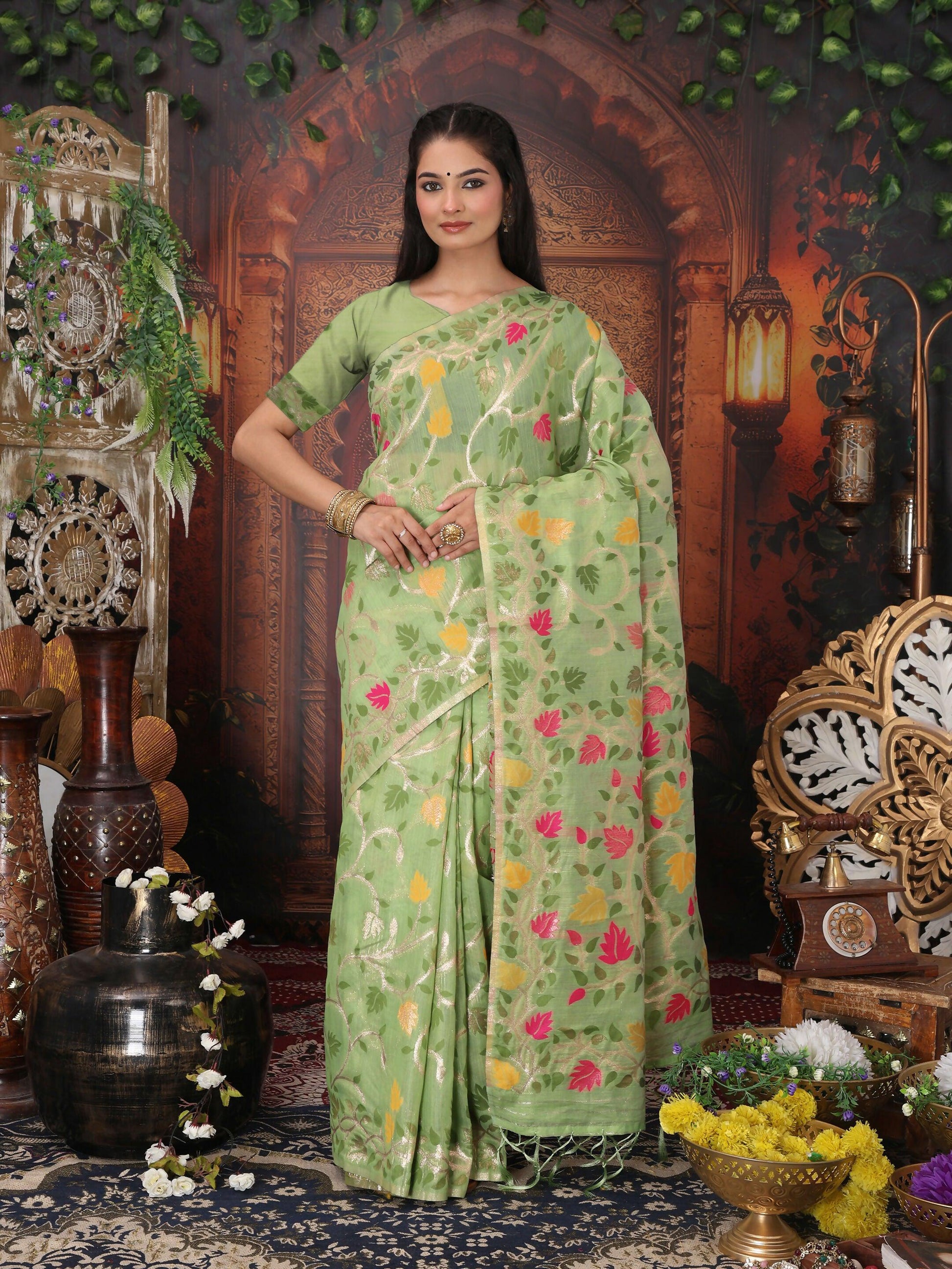 Shree Shyam Fashion Linen Cotton Green Saree