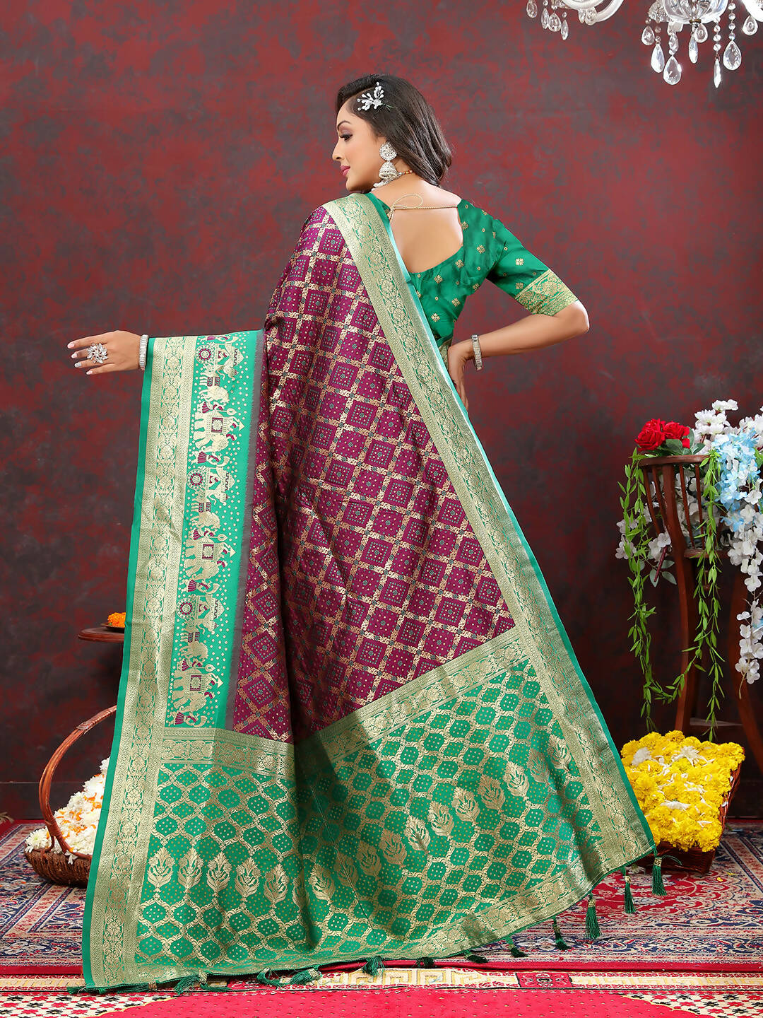 Lorenvalley Fashion Wine & Green Patola Silk Woven Design Meenakari Weaving Saree - Swadesiicart