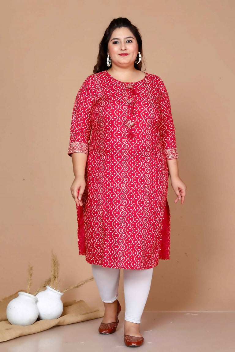 Miravan Women's Plus Size Pink Bandhani Pakistani Straight Kurti - Swadesiicart