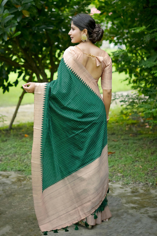 Vishnu Weaves Women's Green Tussar Silk Woven Saree with Blouse - Swadesiicart