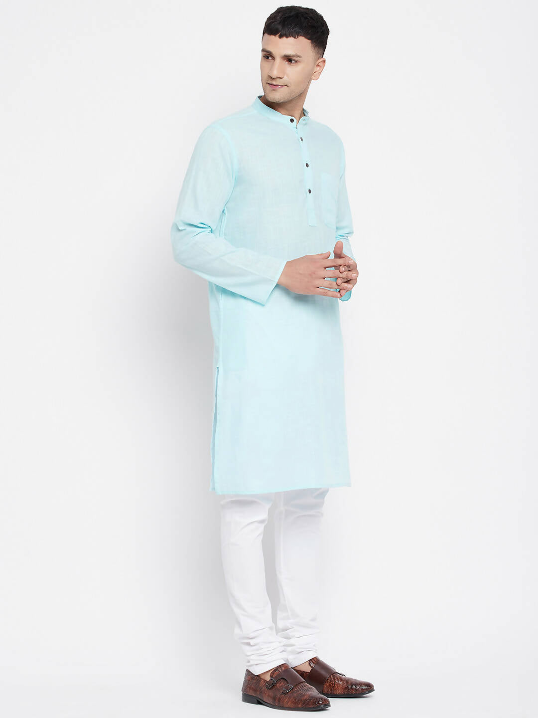Even Apparels Pure Cotton Blue Color Men's Kurta With Band Collar | Swadesiicart