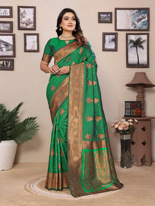 Joban Fashion Banarasi Green Woven Soft Silk Saree | Swadesiicart