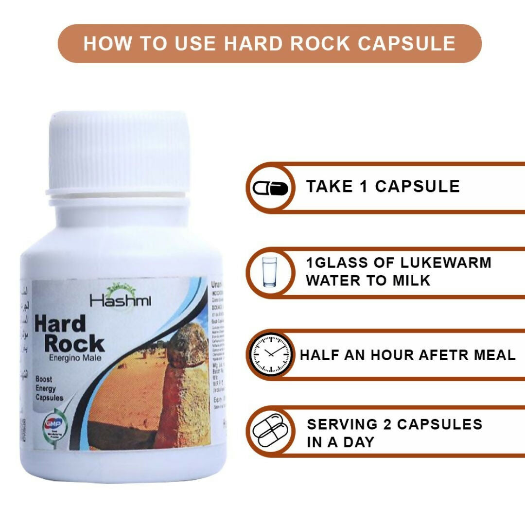 Hashmi Pharmacy Hard Rock Capsules are formulated with natural ingredients like Ashwagandha, Safed Musli, Gokshur, Gheekwar, and more. | Swadesiicart