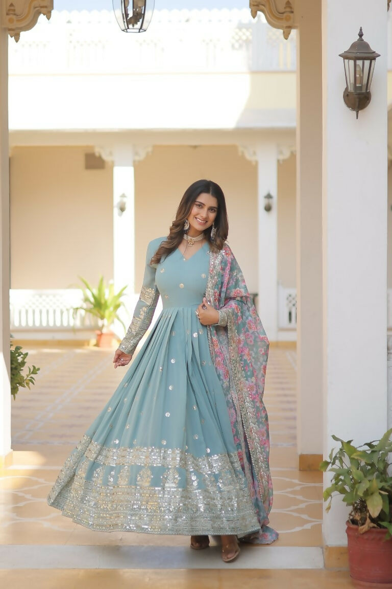 Jyoti Fashion Women's Sky Blue Faux Georgette Sequins Zari Embroideredy Anarkali Dress with Dupatta | Swadesiicart