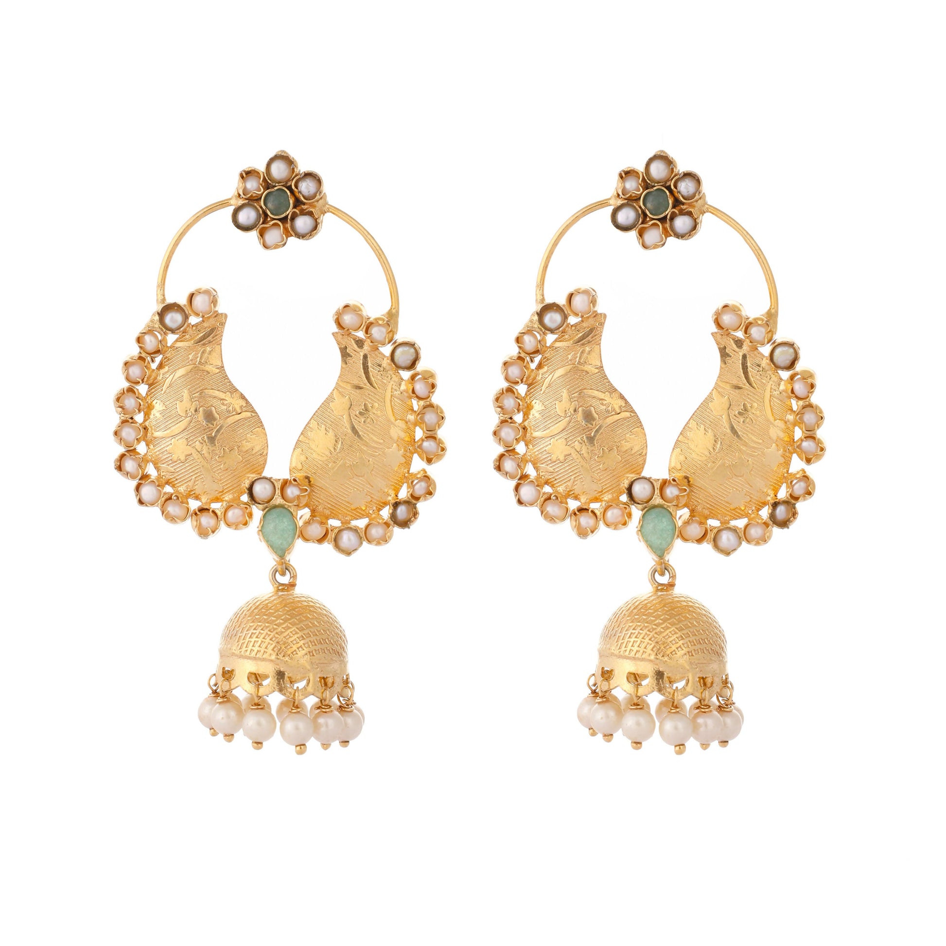Nuyug 22K Gold Plated Pearls Studded Contemporary Shaped Mini Jhumki Drop Dangler Earrings | Swadesiicart