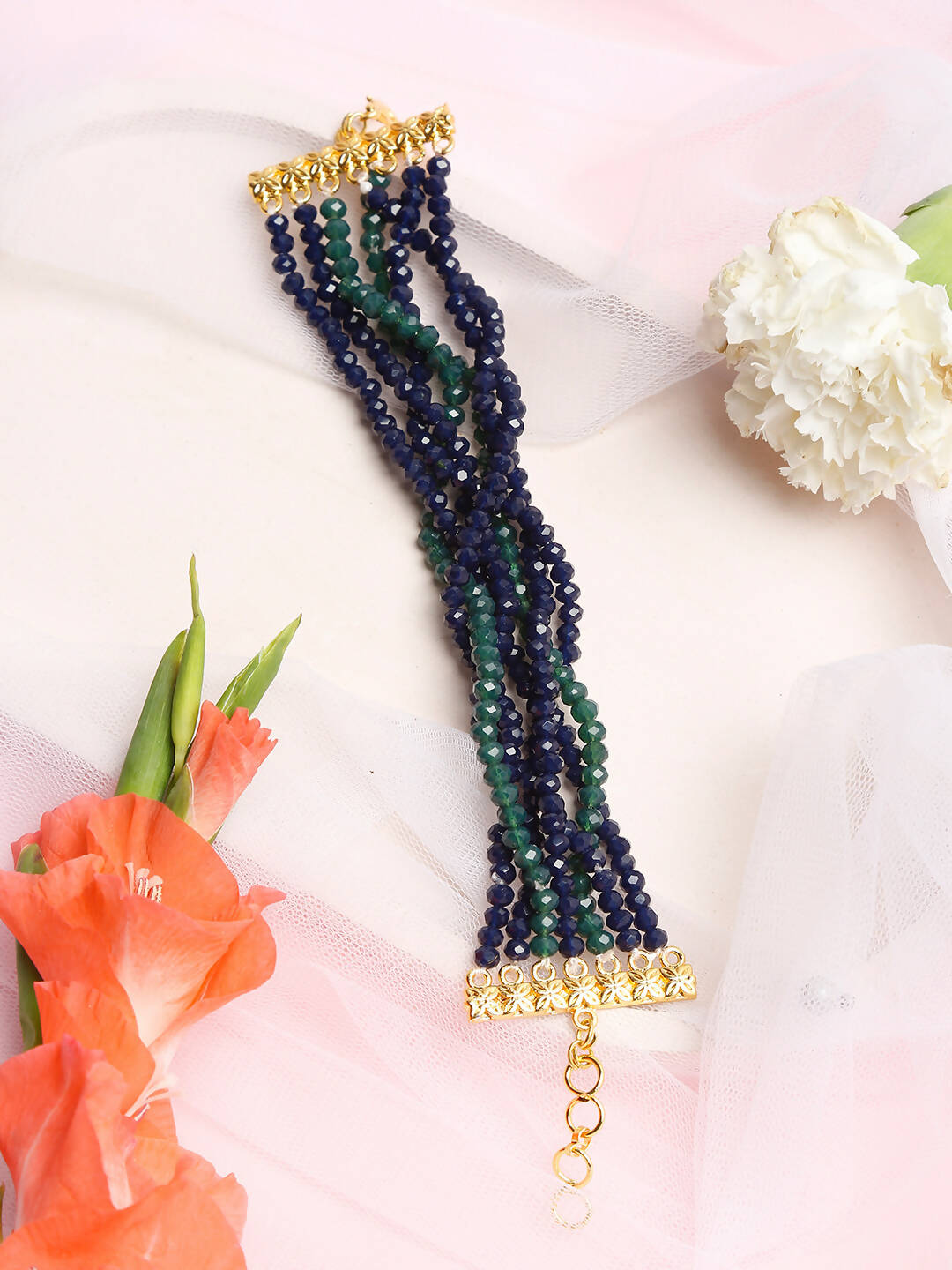 Women's Gold-Toned, Navy Blue Green Onyx Gold-Polished Multistrand Bracelet - Ruby Raang - Swadesiicart