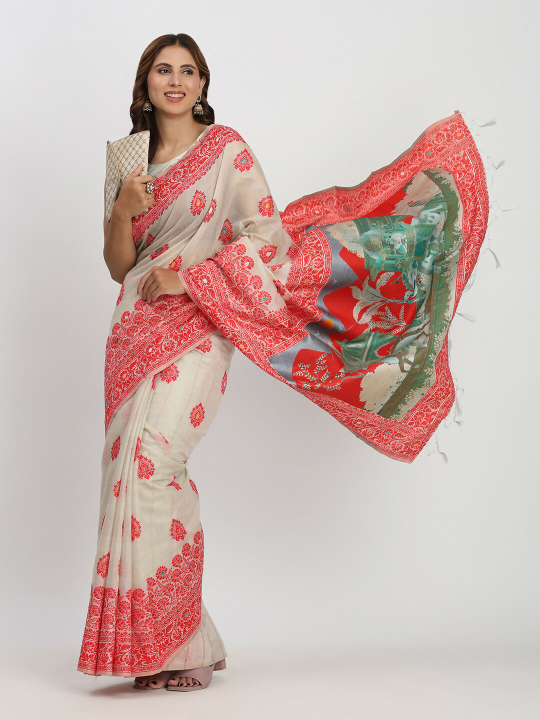 Shree Shyam Fashion Linen Cotton Cream & Red Saree