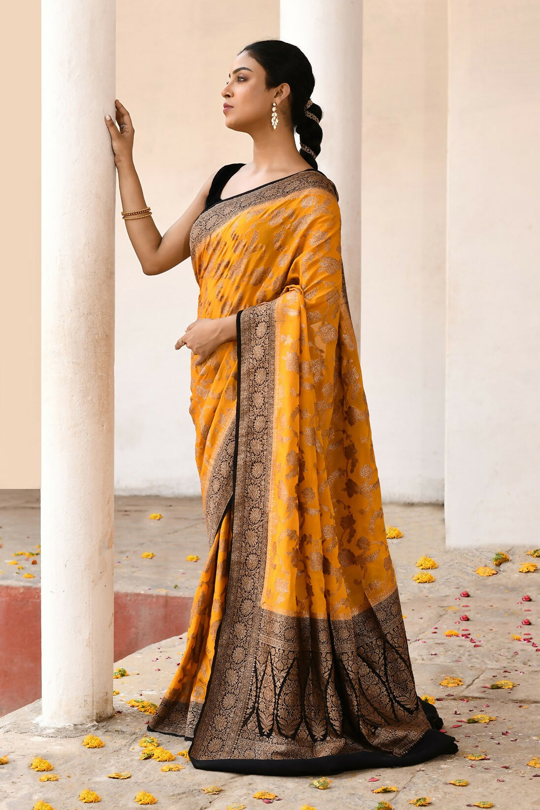 Joban Fashion Yellow Crepe Chiffon Pure Handloom Banarasi Silk Saree | Swadesiicart