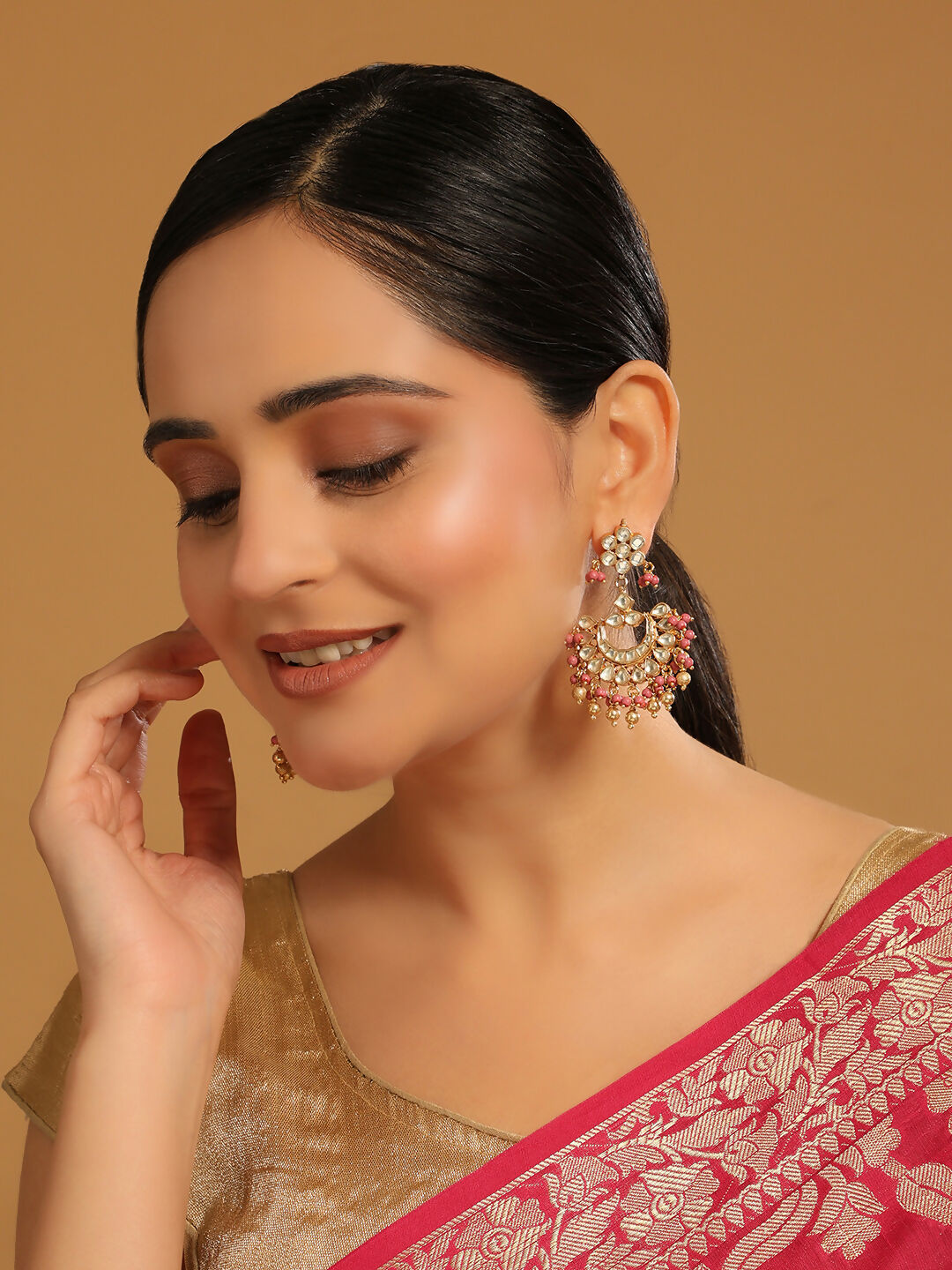 Nuyug 22k Gold-Plated Kundan Chandbali Earrings with Pink Stones | Swadesiicart