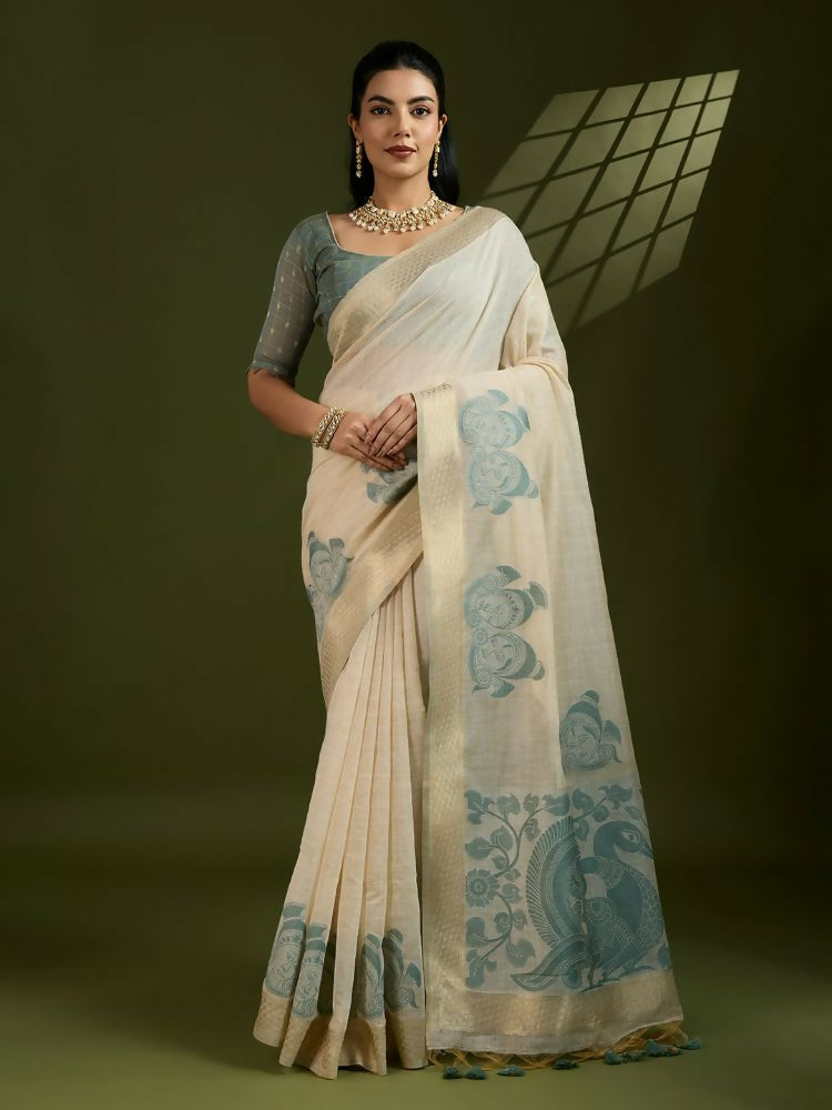 Vishnu Weaves Women's Green Muga Cotton Thread Woven Saree with Blouse - Swadesiicart