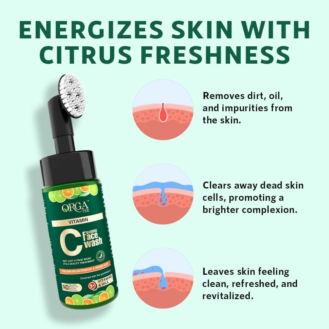 Orgatre Vitamin C Foaming Face Wash with Built-in Silicon Brush, Niacinamide Foaming cleanser for Acne prone Skin - Swadesiicart