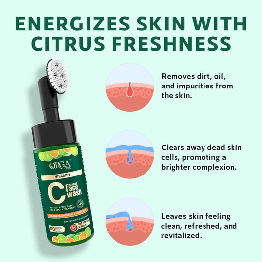 Orgatre Vitamin C Foaming Face Wash with Built-in Silicon Brush, Niacinamide Foaming cleanser for Acne prone Skin - Swadesiicart