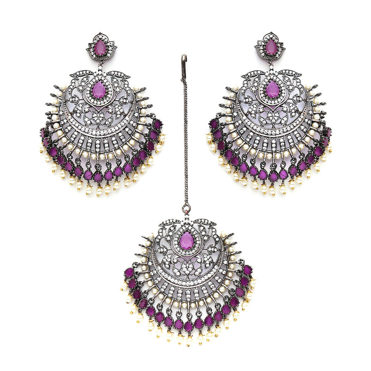 Diamond & Maroon Stone Earrings with Matching Maang Tikka- Ruby Raang | Swadesiicart