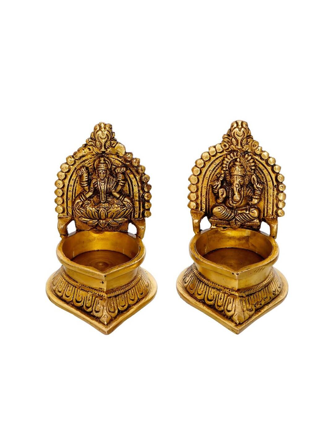 eCraftIndia Set of 2 Gold-Toned Handcrafted Brass Laxmi Ganesha Idol Deepak | Swadesiicart