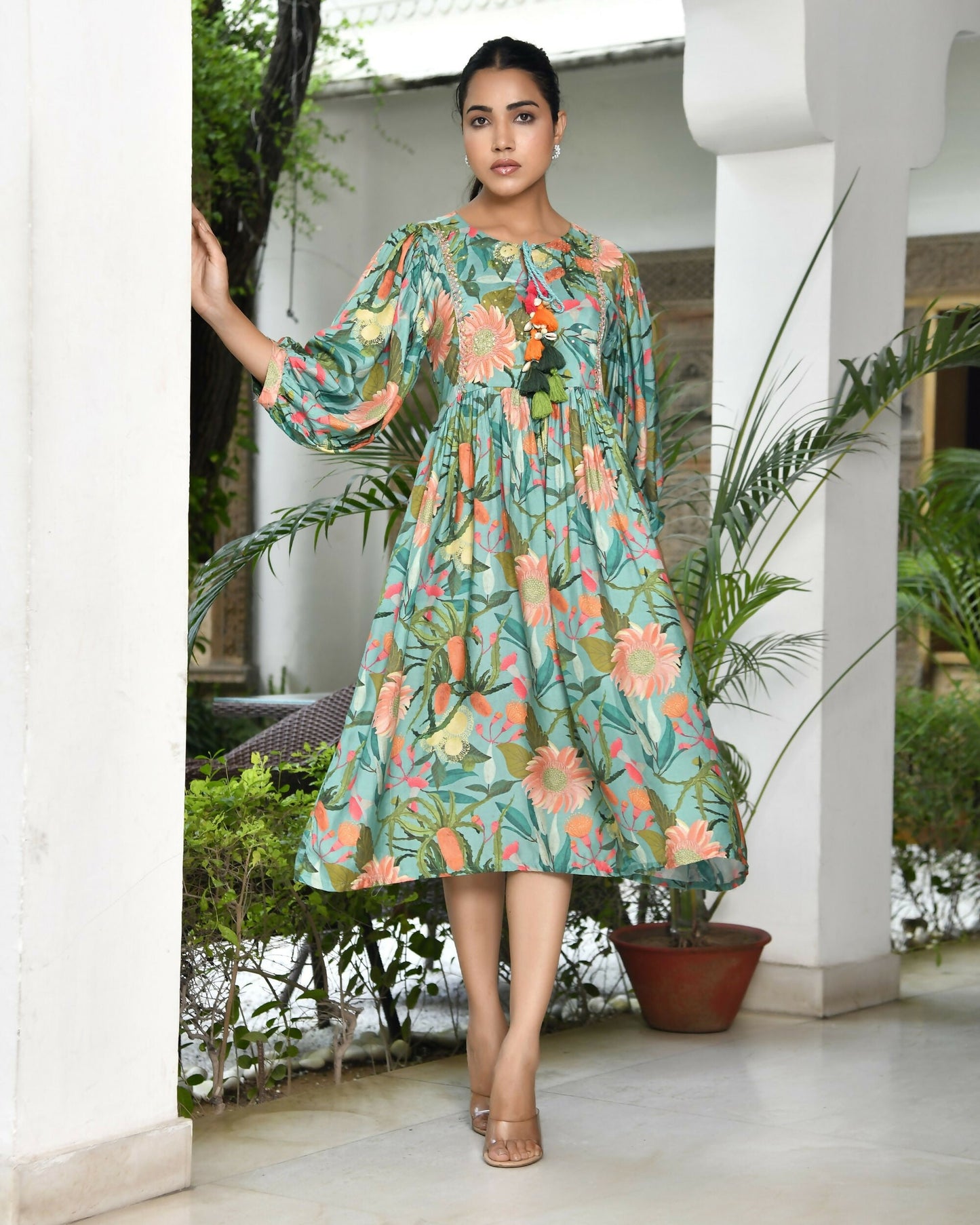 Vaasva Women's Teal Musline Viscose Digital Printed Dress | Swadesiicart