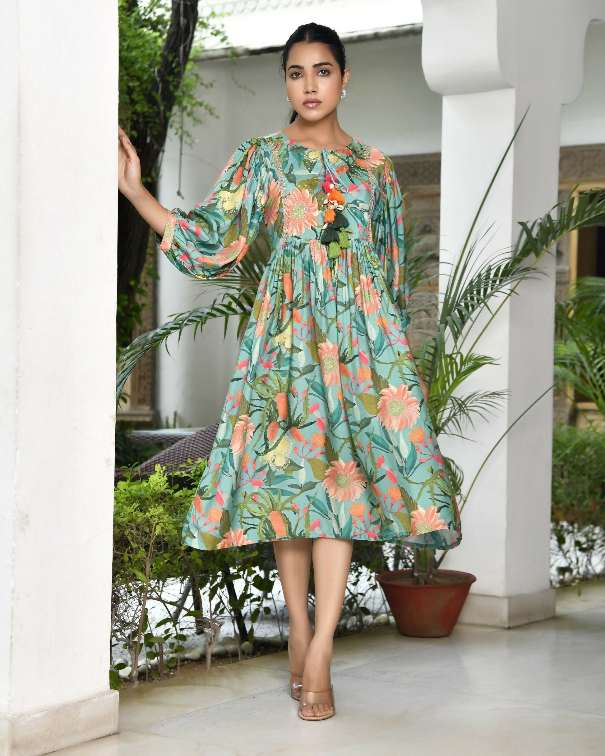 Vaasva Women's Teal Musline Viscose Digital Printed Dress | Swadesiicart