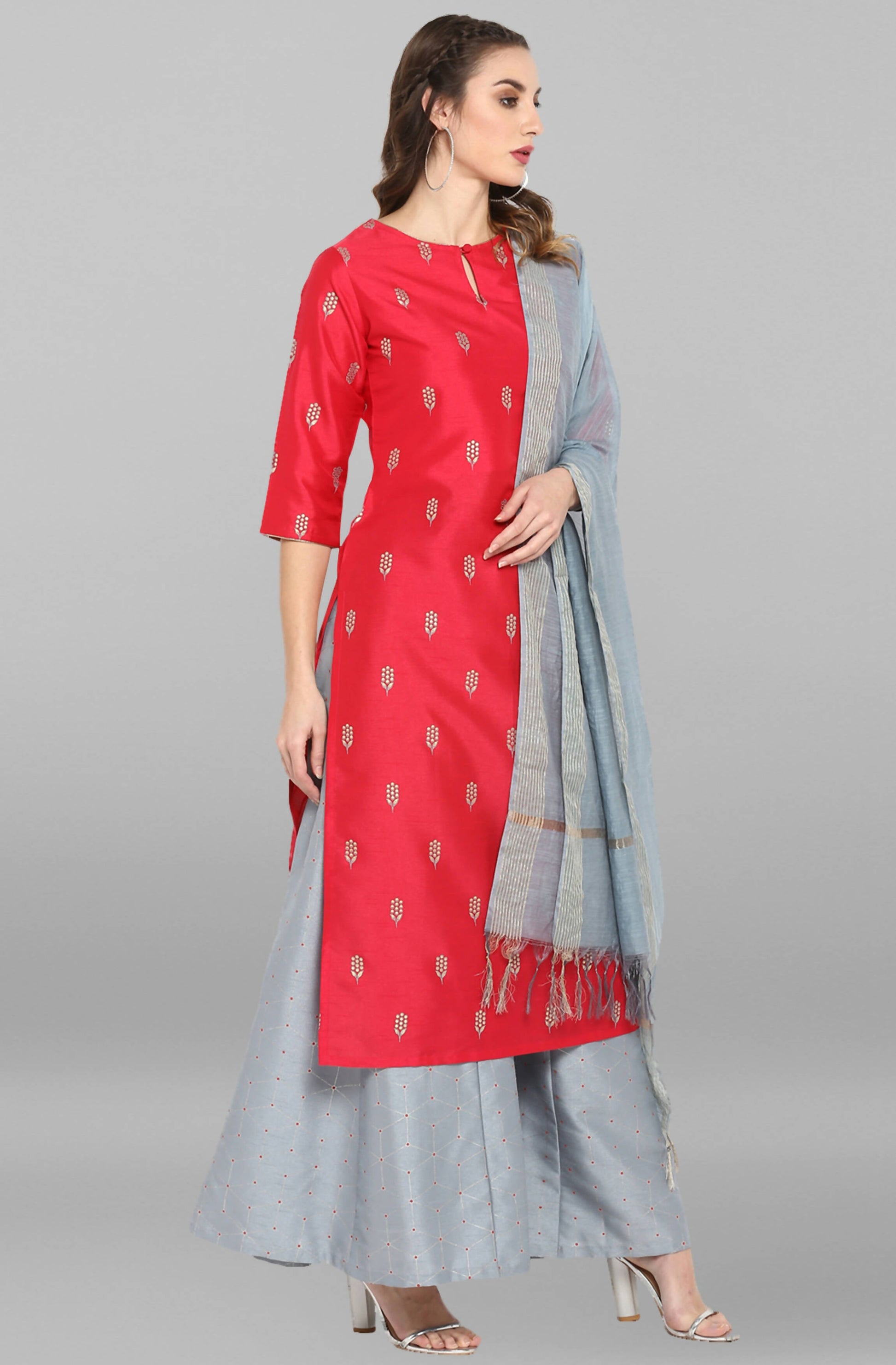 Janasya Women's Blue Cotton Floral Print Top With Palazzo | Swadesiicart