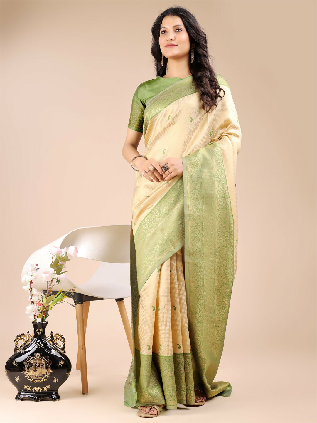 Astita Aura Silk Cream Light Green Banarasi Silk Saree | Swadesiicart