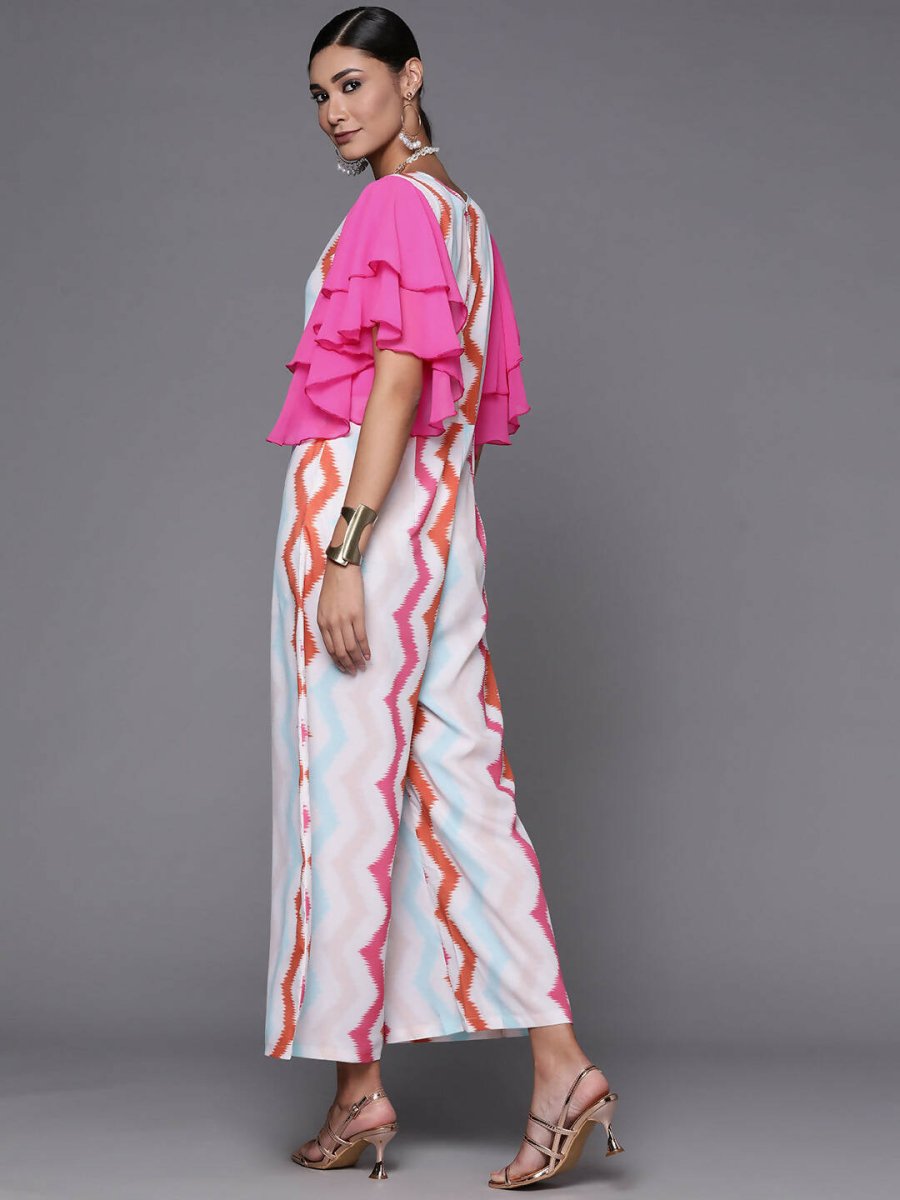 Ahalyaa White & Pink Zig Zag Striped Basic Jumpsuit - Swadesiicart