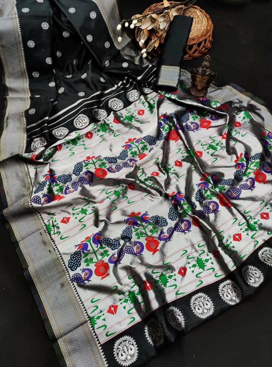 DEIANA'S Beautiful Designer Golden zari Soft Lichi Silk Saree - Black - Swadesiicart