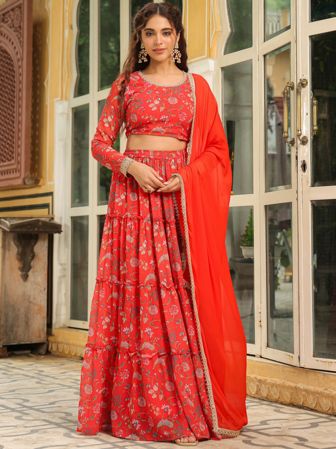 Janasya Red Georgette Floral Lehenga Choli Dupatta | Swadesiicart