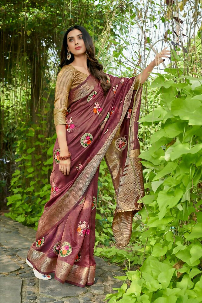 Vamsee Nikita Wine Cotton Saree - Swadesiicart