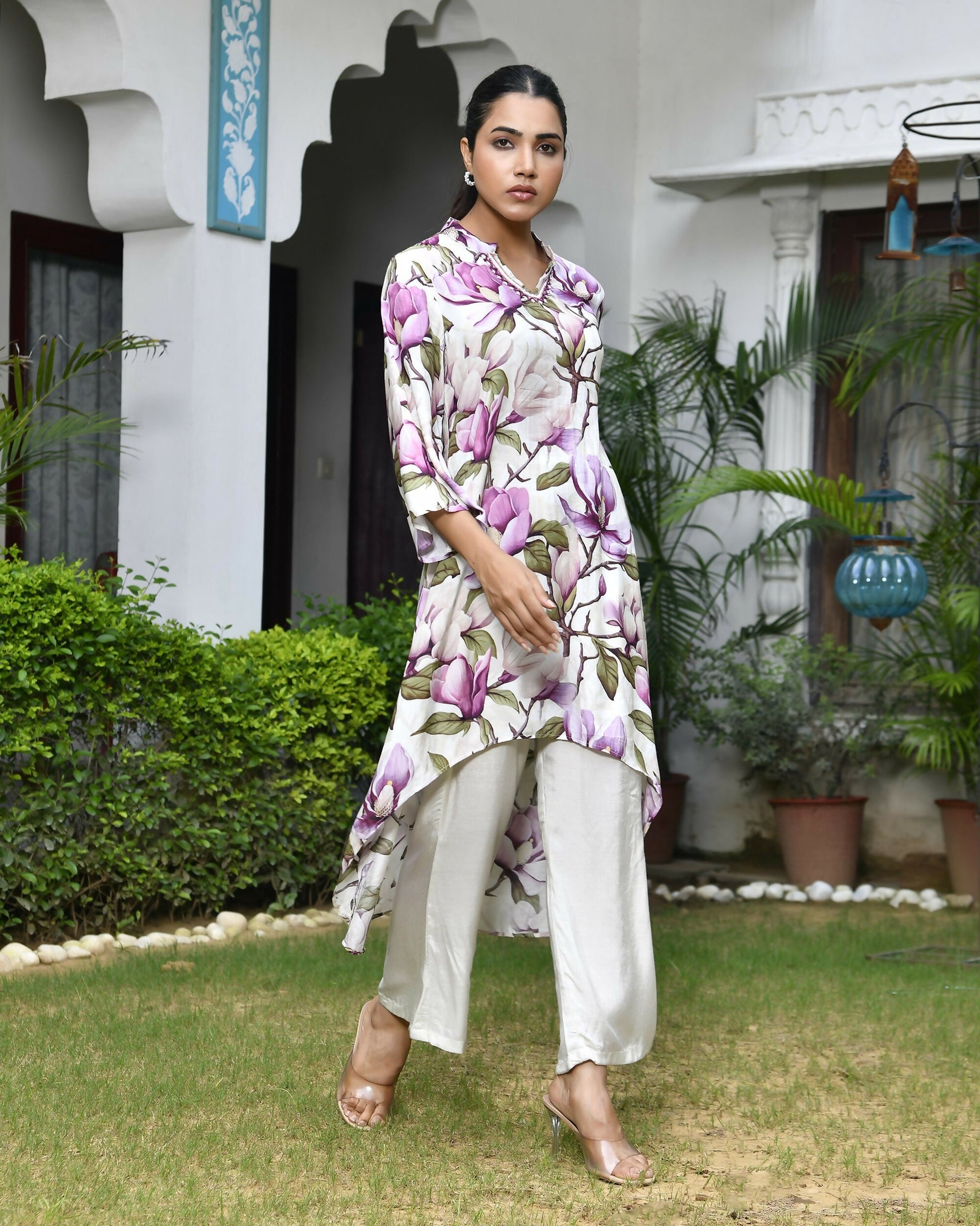 Vaasva Women's Cream Musline Viscose Digital Printed Cord Set - Swadesiicart
