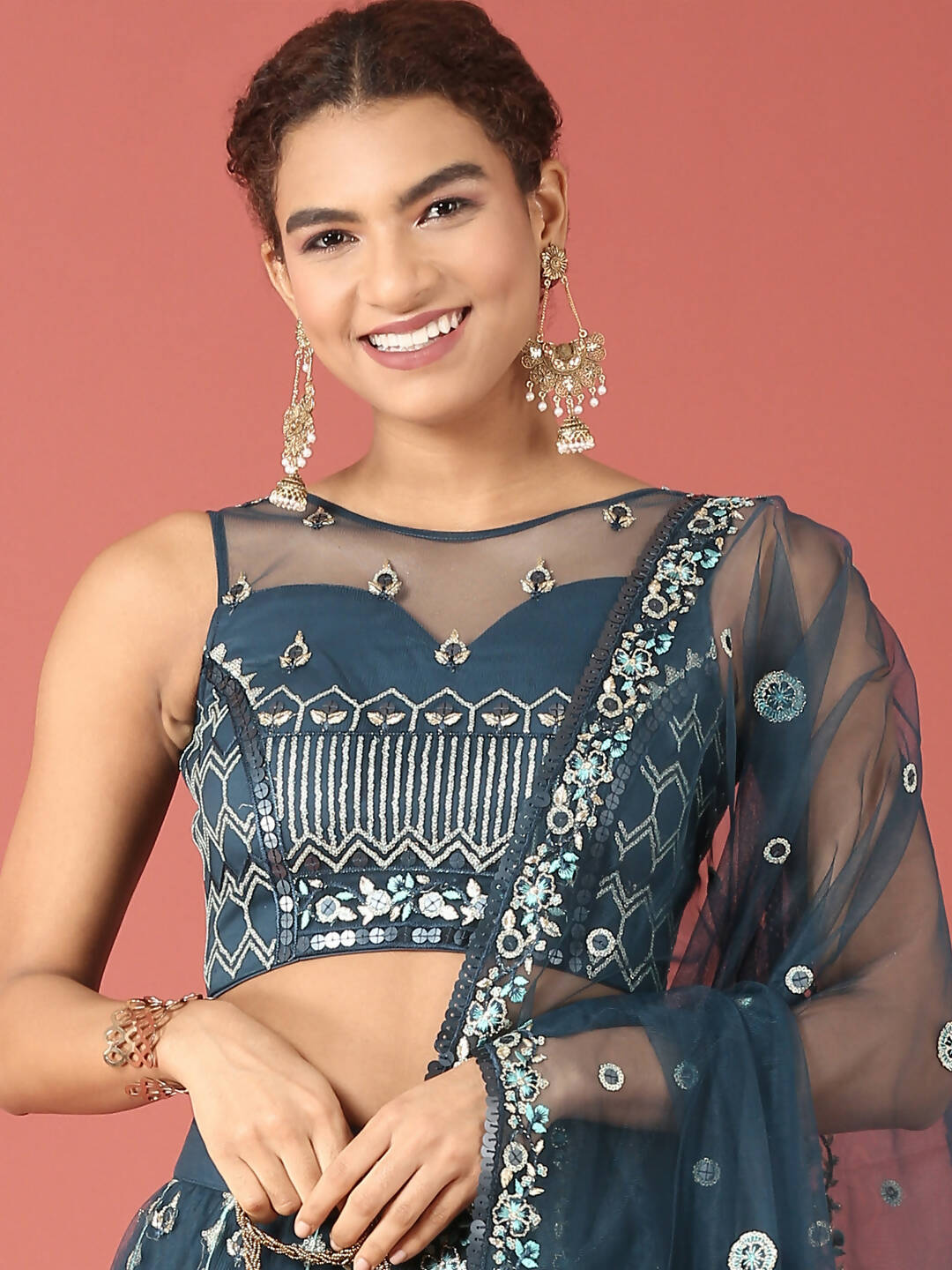 House of Panchhi Navy Blue Net Sequinse Work Lehenga & Blouse, Dupatta | Swadesiicart