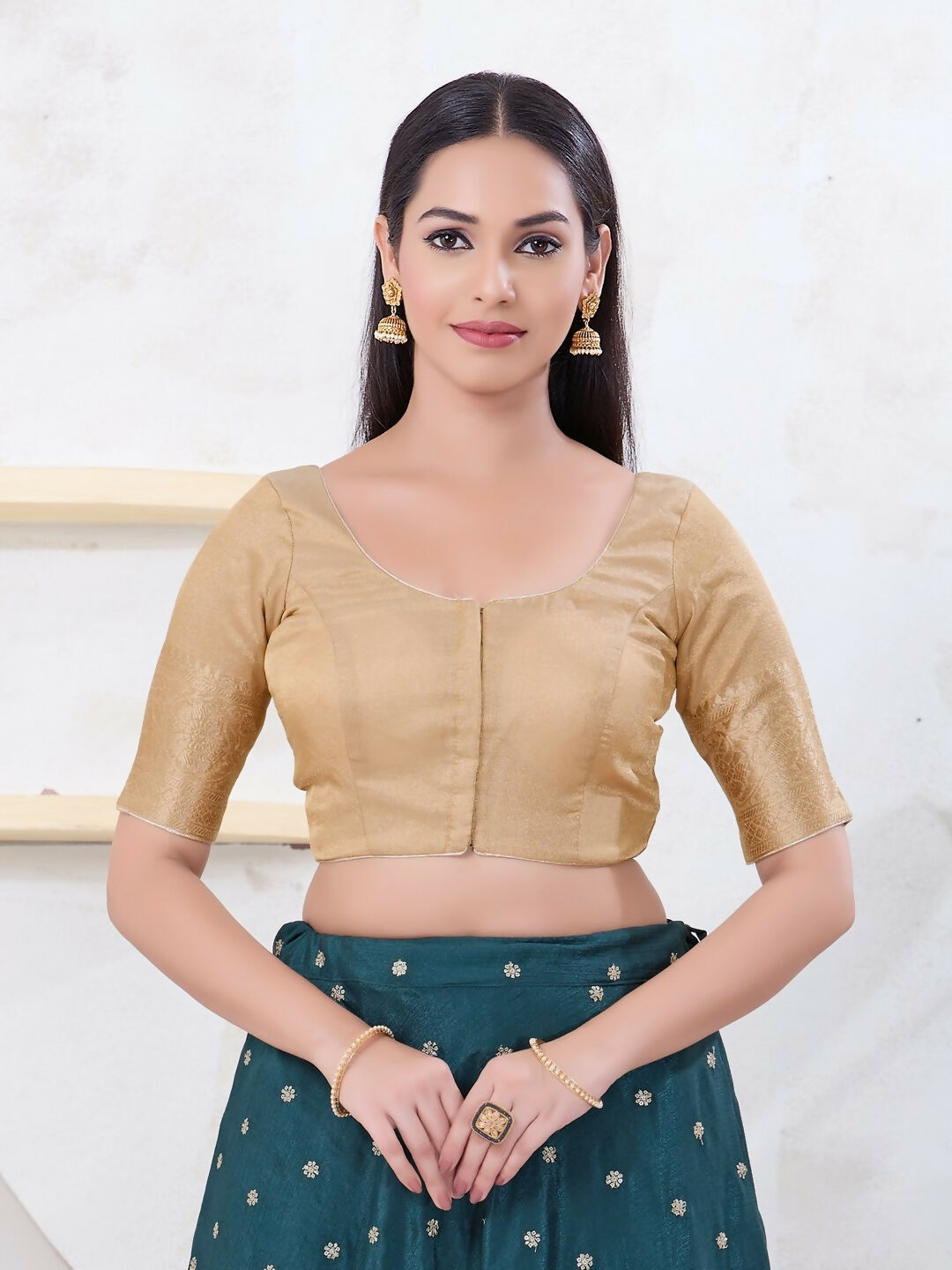 Joban Fashion Light-Gold Brocade Elbow Sleeveless Front Open Blouse - Swadesiicart