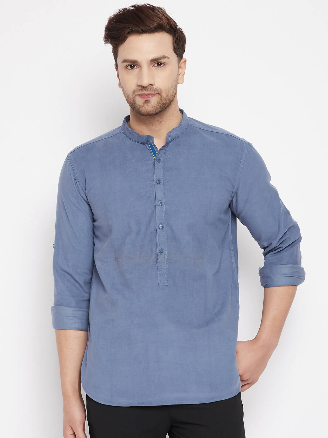 Even Apparels Blue Color Pure Cotton Short Men's Kurta With Band Collar | Swadesiicart