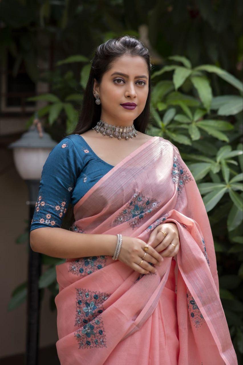 Brick Pure Linen Ethnic Motifs Saree with Unstitched Blouse - Hiral Fashion | Swadesiicart