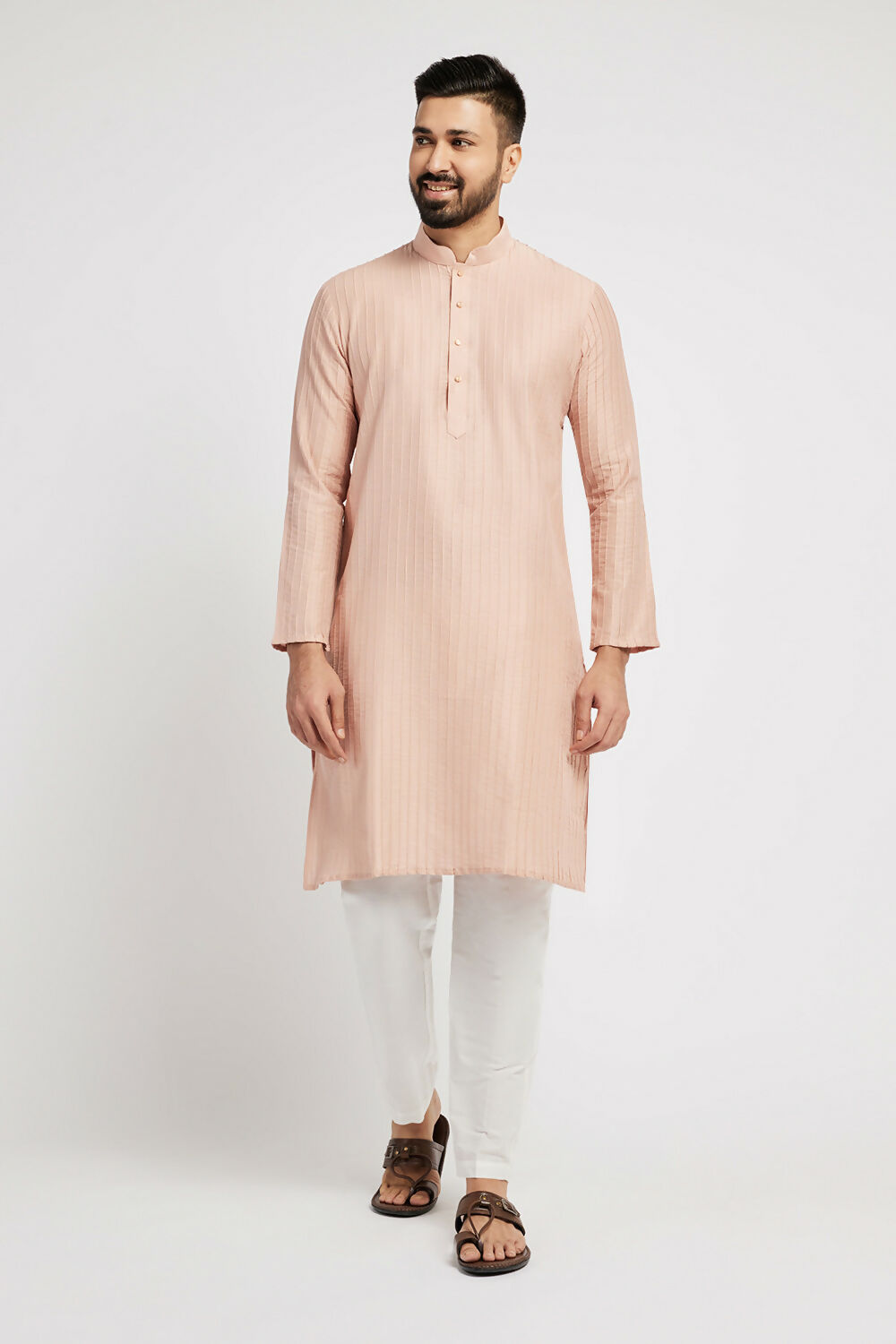 Ethnic India Pink Men's Kurta Striped Polyester | Swadesiicart