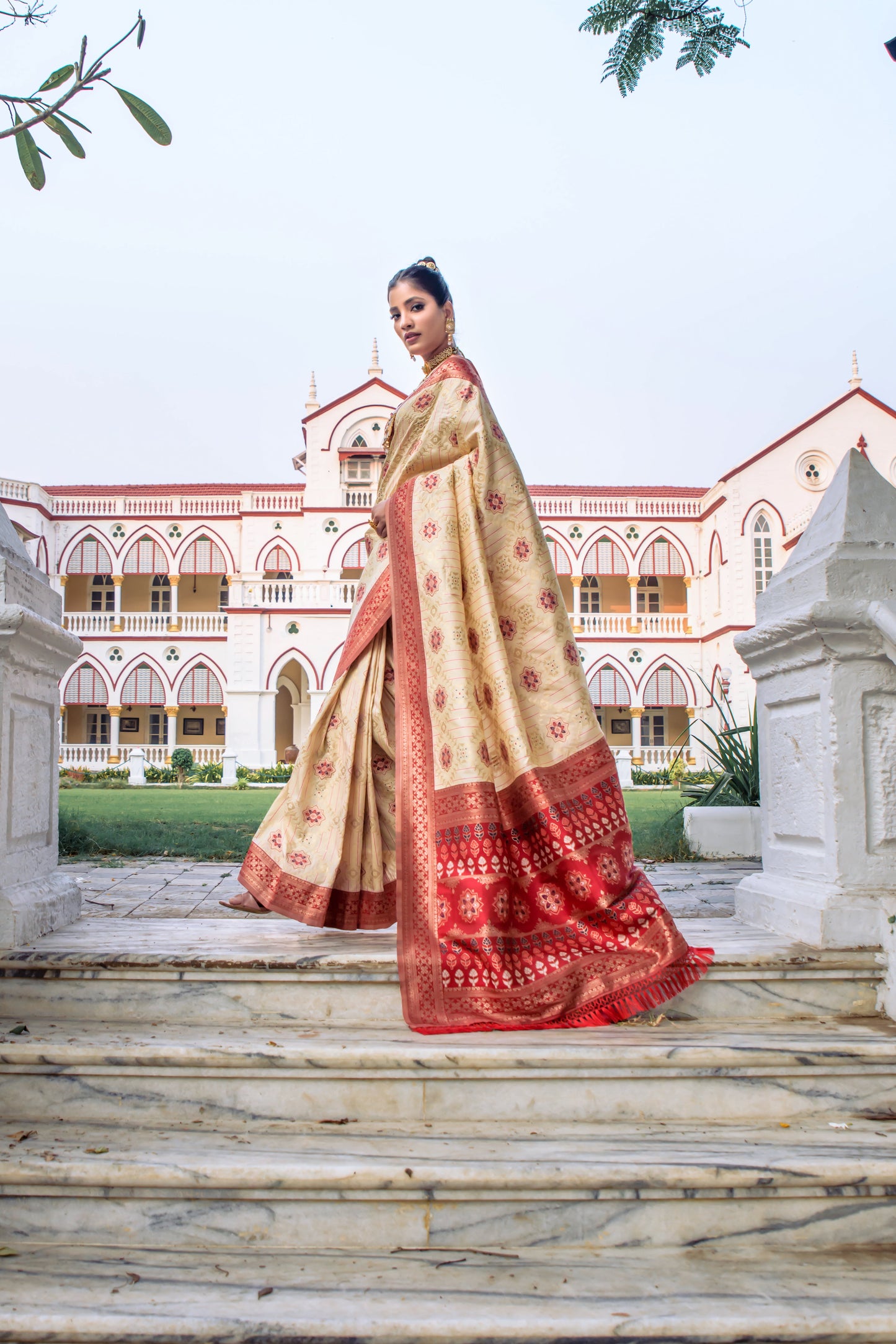 Vishnu Weaves Women's Cream Patola Banarasi Silk Meenakari Zari Woven Saree with Blouse - Swadesiicart