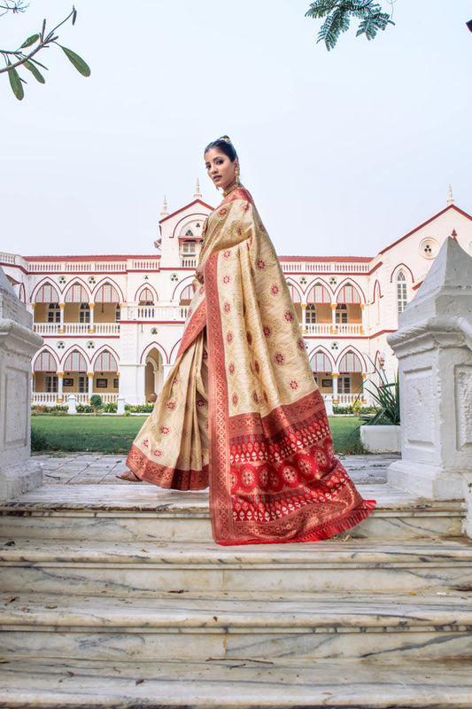 Vishnu Weaves Women's Cream Patola Banarasi Silk Meenakari Zari Woven Saree with Blouse - Swadesiicart