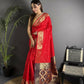 Joban Fashion Red Banarasi Cotton Silk Woven Saree | Swadesiicart