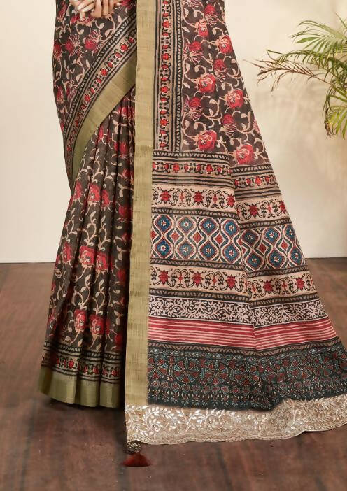 Brown Bhagalpuri Silk Floral Print with Hand work & Stone Work Border Saree - Norita Nirvi