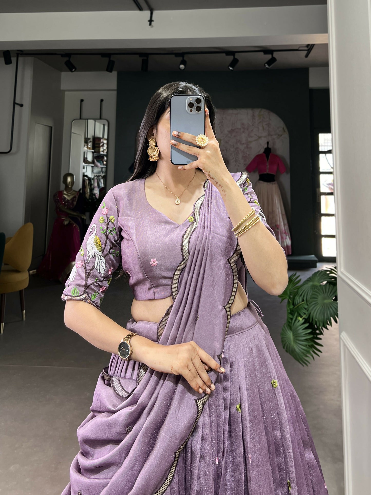 Lorenvalley Lavender Vichitra Simmer Sequins and Thread Embroidery Work Lehenga Choli | Swadesiicart
