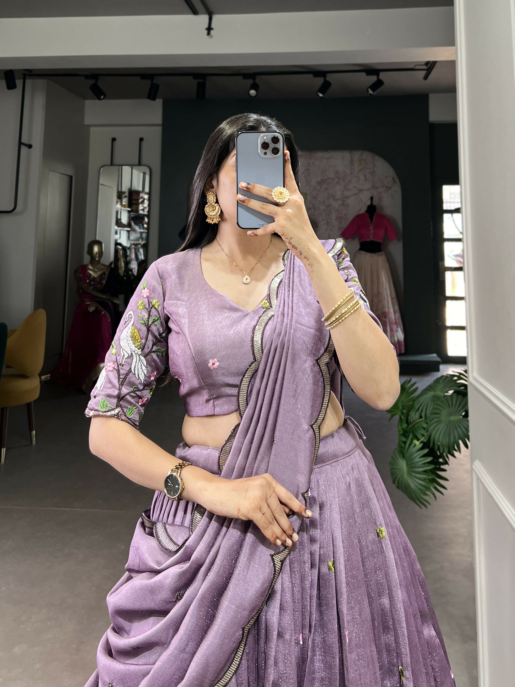 Lorenvalley Lavender Vichitra Simmer Sequins and Thread Embroidery Work Lehenga Choli | Swadesiicart