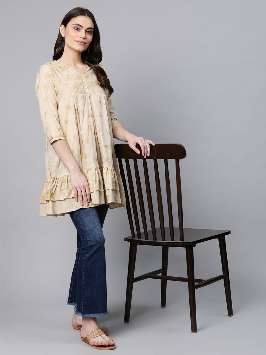 Ahalyaa Beige Cotton Gold Printed Tunic | Swadesiicart