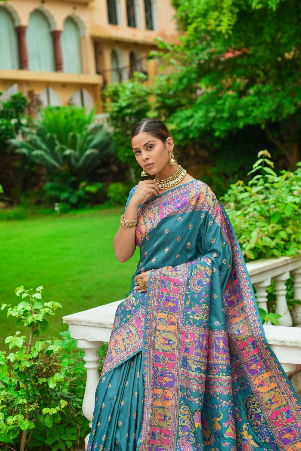 Vishnu Weaves Women's Rama Banarasi Silk Kashmiri Woven Saree with Blouse - Swadesiicart