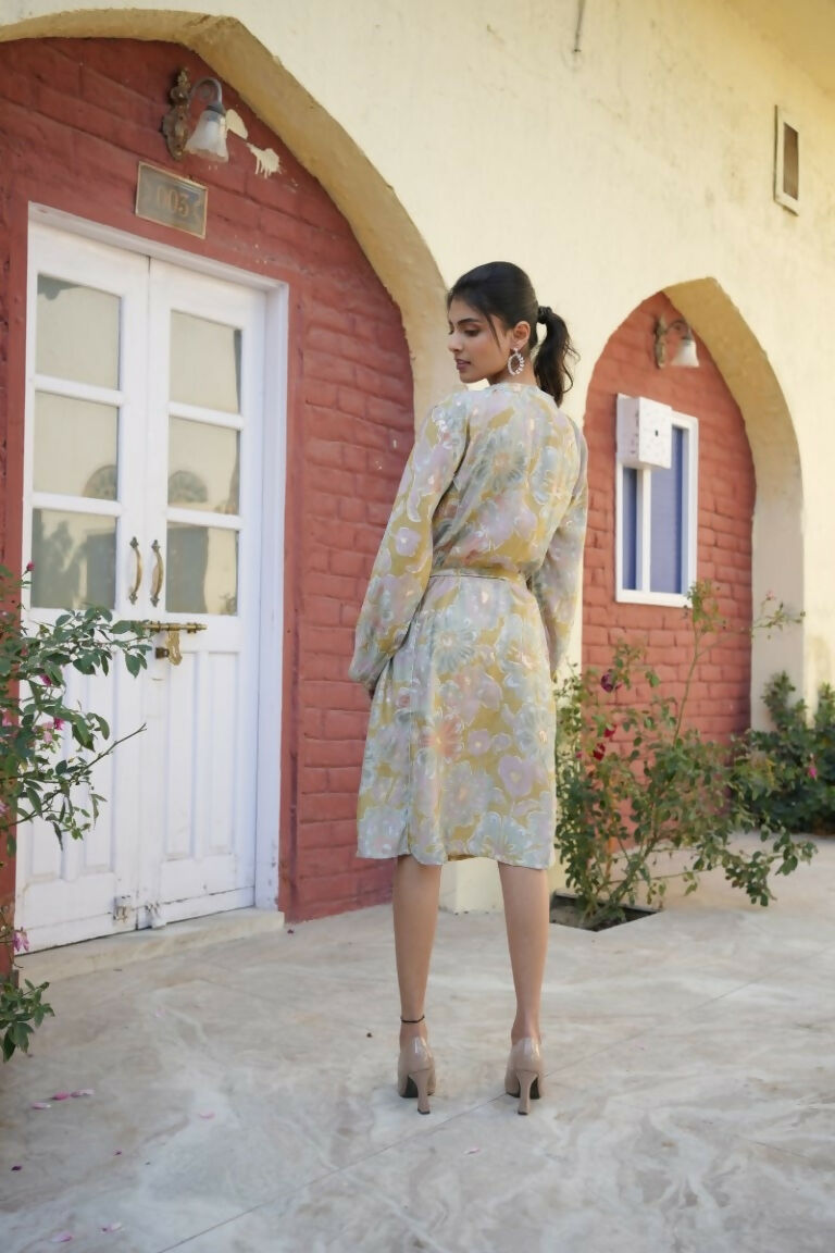 Vaasva Women Green Muslin Floral Printed Knee Length Dress | Swadesiicart