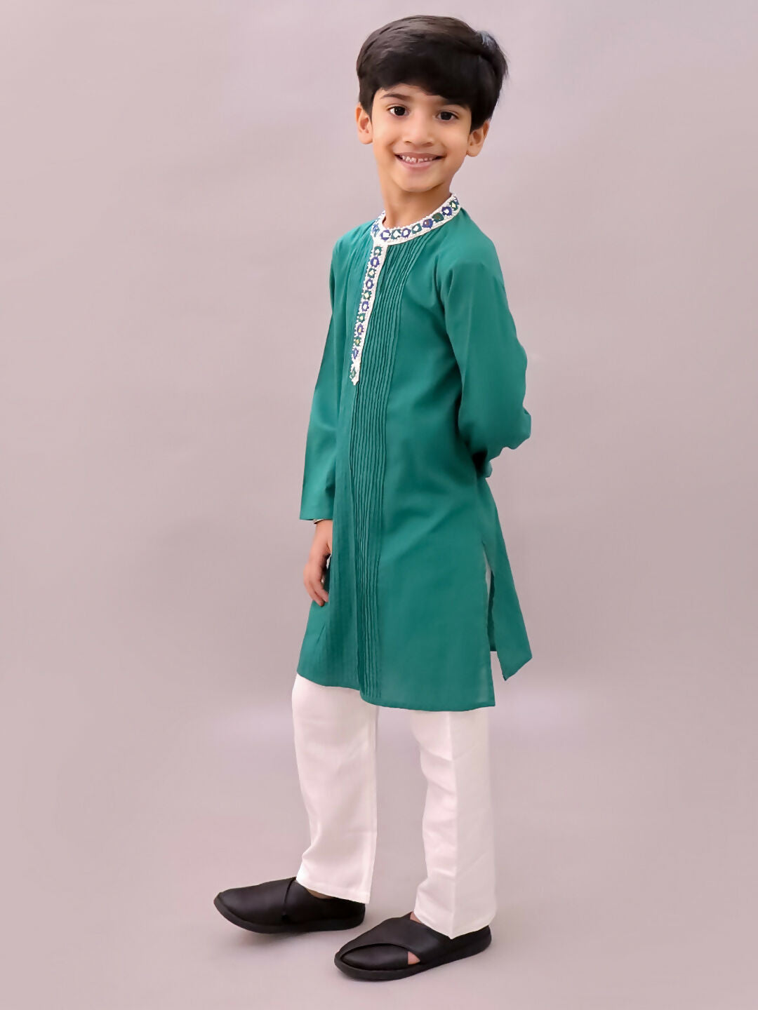 Lil Drama Shor-Gul Green Kurta Pyjama Set For Boys | Swadesiicart