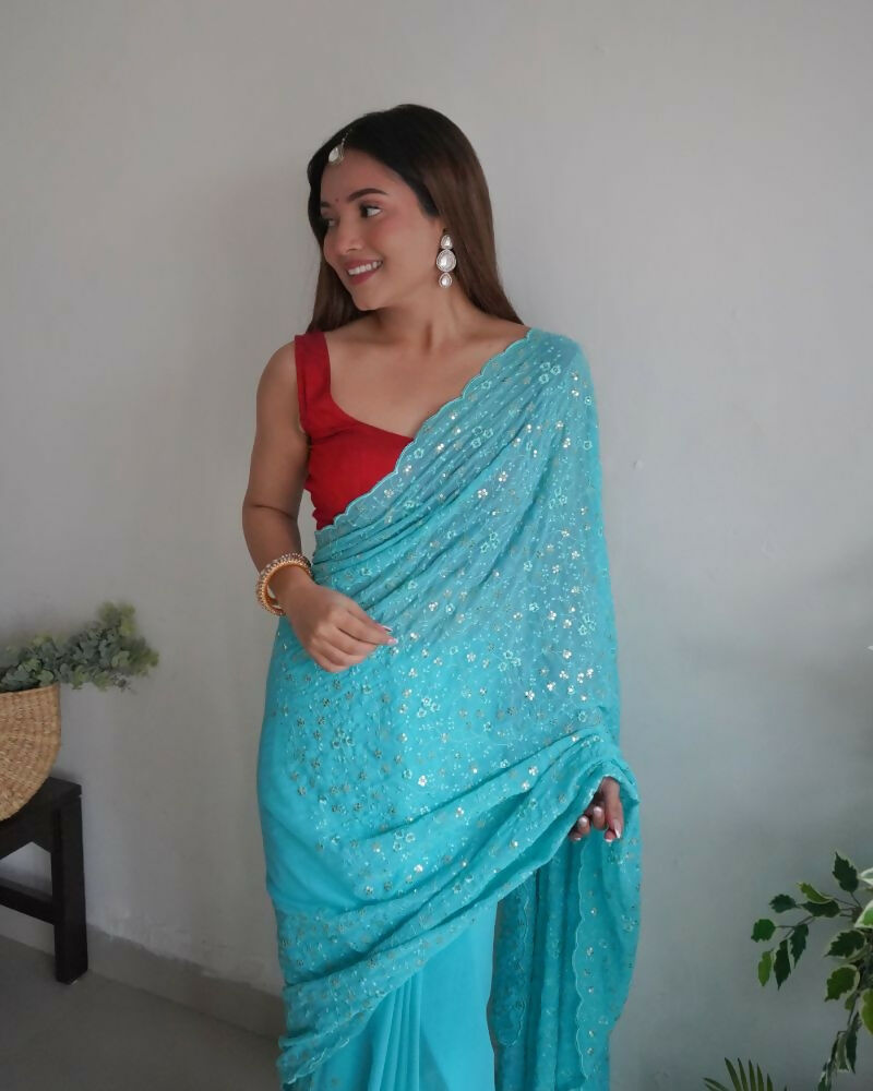 Vamsee Trendy Sequence Sky Blue Georgette Saree - Swadesiicart
