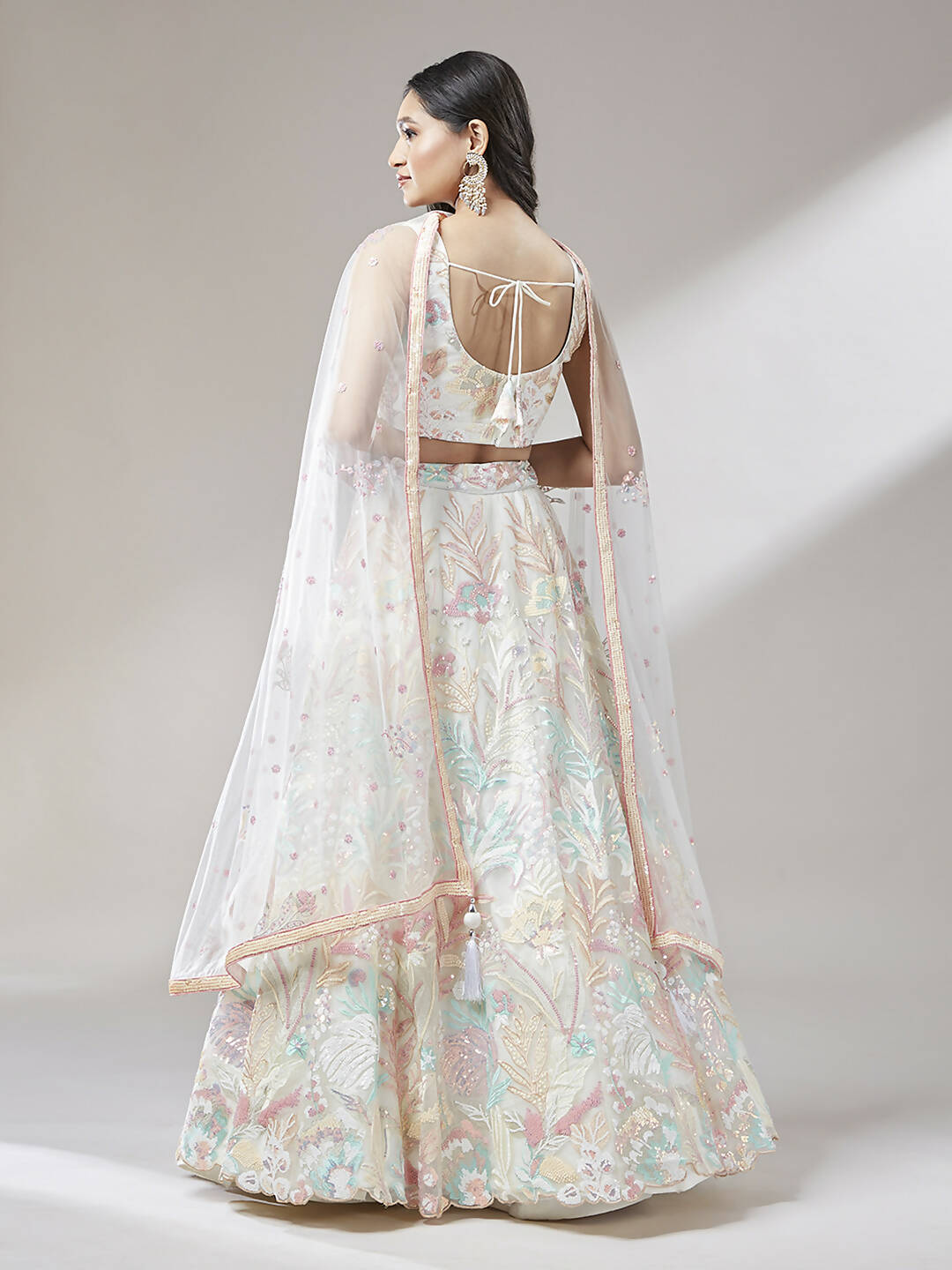 House of Panchhi Cream Net Sequinse Work Lehenga & Blouse with Dupatta | Swadesiicart