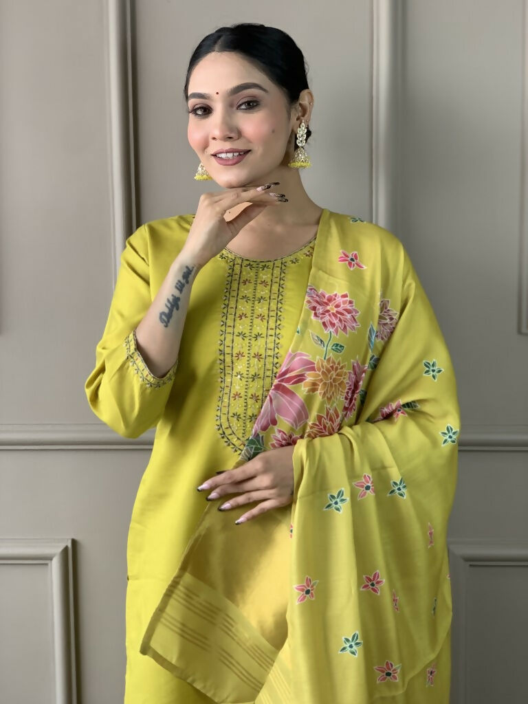 Lemon Viscose chanderi Stitched Suit With Dupatta - Tanisha | Swadesiicart